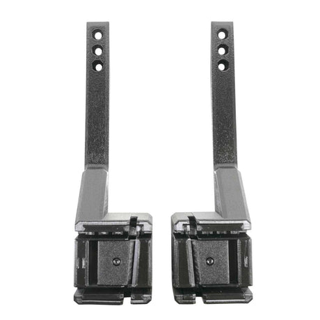 Two identical EveryAmp SnapPlate+ Base - Tesla Model Y Standard (2026+) black metal brackets, each with three adjustment holes and rectangular bases, stand upright side by side—perfect for Model Y installs or bumper camera mounting.