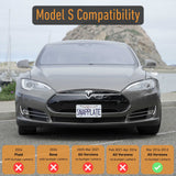 Front view of a gray car with a Tesla Model S SnapPlate Front License Plate Holder; a chart below shows compatibility only for the 2016-2012 non-camera version.