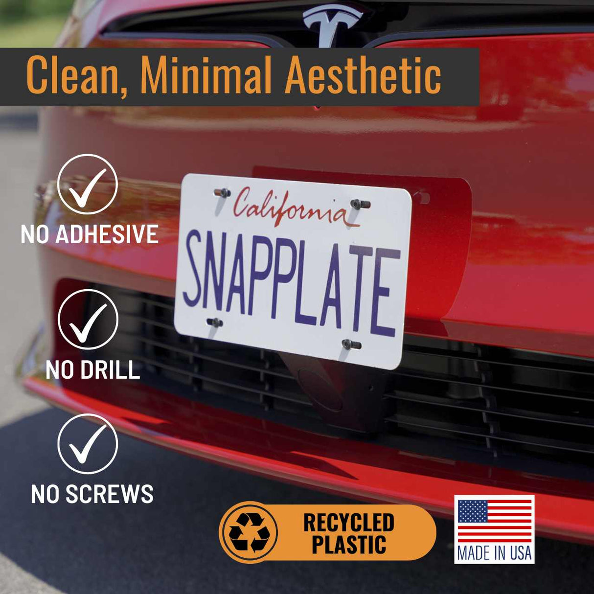 SnapPlate front license plate holders for the 2021 and up Tesla Model S have a clean, minimal aesthetic