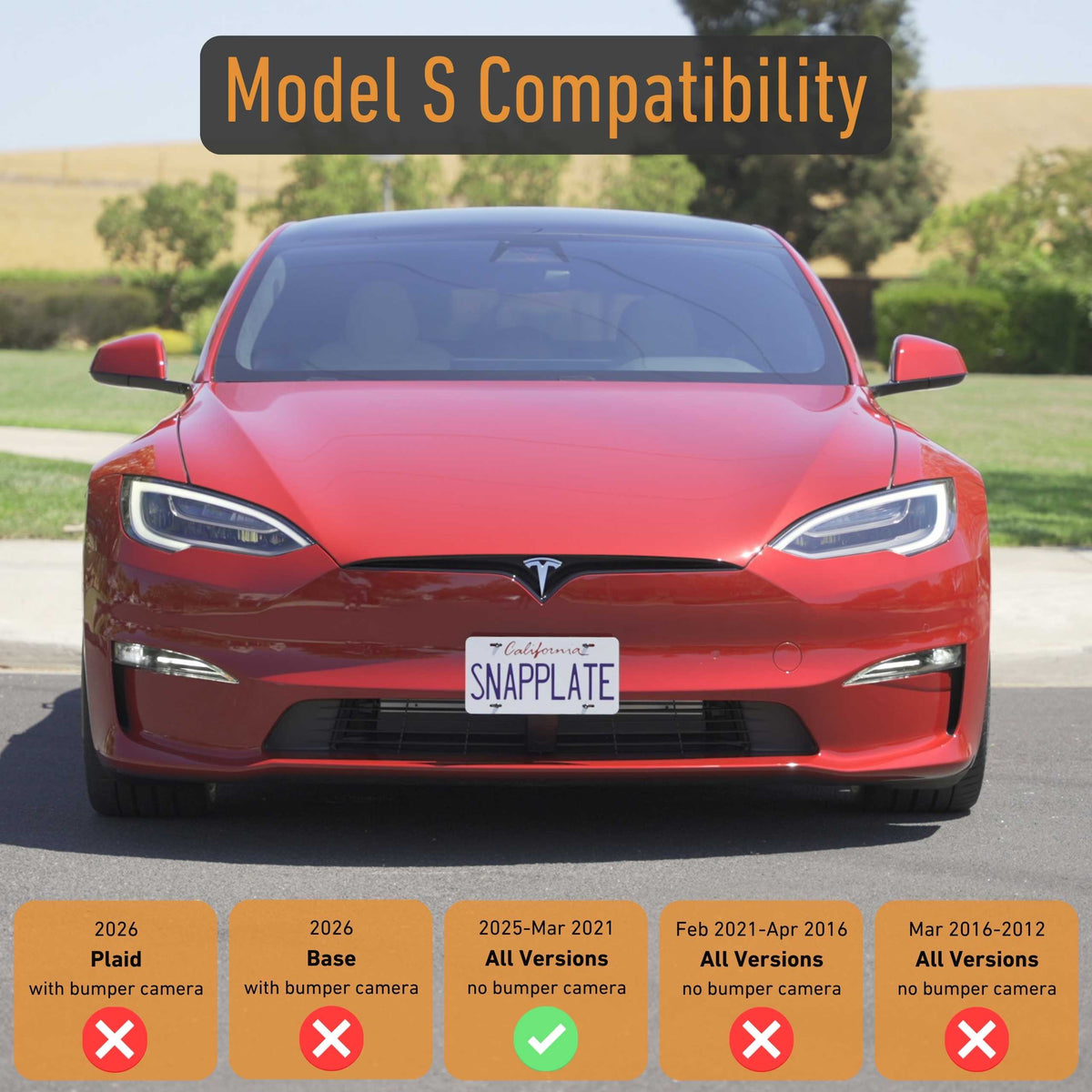 Front view of a red car with an EveryAmp Tesla Model S SnapPlate Front License Plate Holder, shown alongside a compatibility chart with checkmarks and x-marks for various model years and configurations.