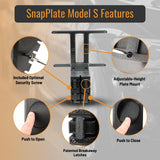 SnapPlate front license plate mounts for the 2021 and up Tesla Model S feature a simple pushbutton design with adjustable plate height, breakaway features, and an optional security screw