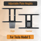 SnapPlate front license plate holders for the 2021 and up Tesla Model S features adjustable plate height with high and center positions