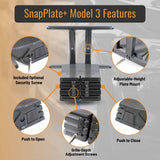 SnapPlate plus front license plate mounts for the 2024 and up Tesla Model 3 feature a simple pushbutton design with adjustable plate height, grille depth adjustment, and an optional anti-theft security screw