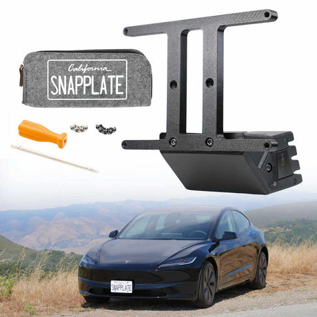 SnapPlate plus for 2025+ Tesla Model 3 shown with the vehicle and included hardware kit