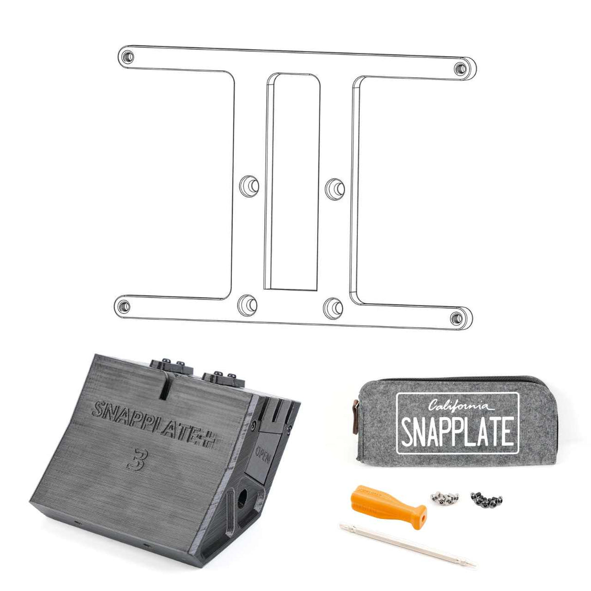 SnapPlate plus with a custom made to order plate mount for the 2024 Tesla Model 3