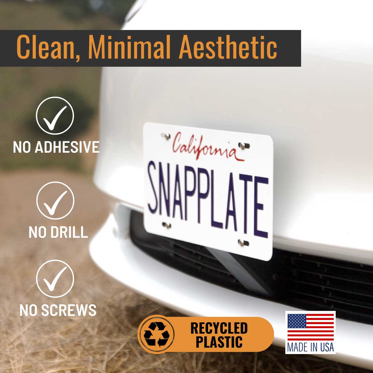 SnapPlate plus front license plate holders for the 2017 to 2023 Tesla Model 3 have a clean, minimal aesthetic