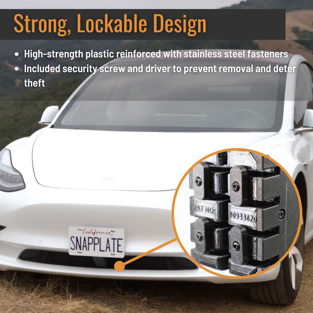 SnapPlate plus front license plate holders for the 2017 to 2023 Tesla Model 3 have a strength optimized design with stainless steel reinforcement