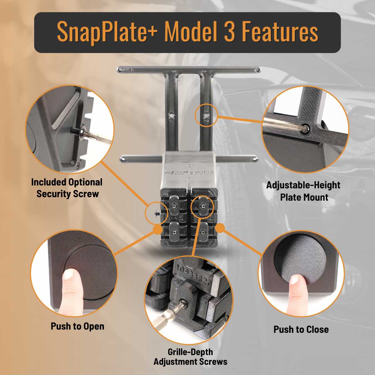 SnapPlate plus front license plate mounts for the 2017 to 2023 Tesla Model 3 feature a simple pushbutton design with adjustable plate height and grille fit and an optional security screw