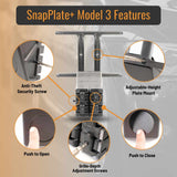 SnapPlate front license plate mounts for the 2017 to 2023 Tesla Model 3 feature a simple pushbutton design with adjustable plate height, breakaway features, and an optional security screw