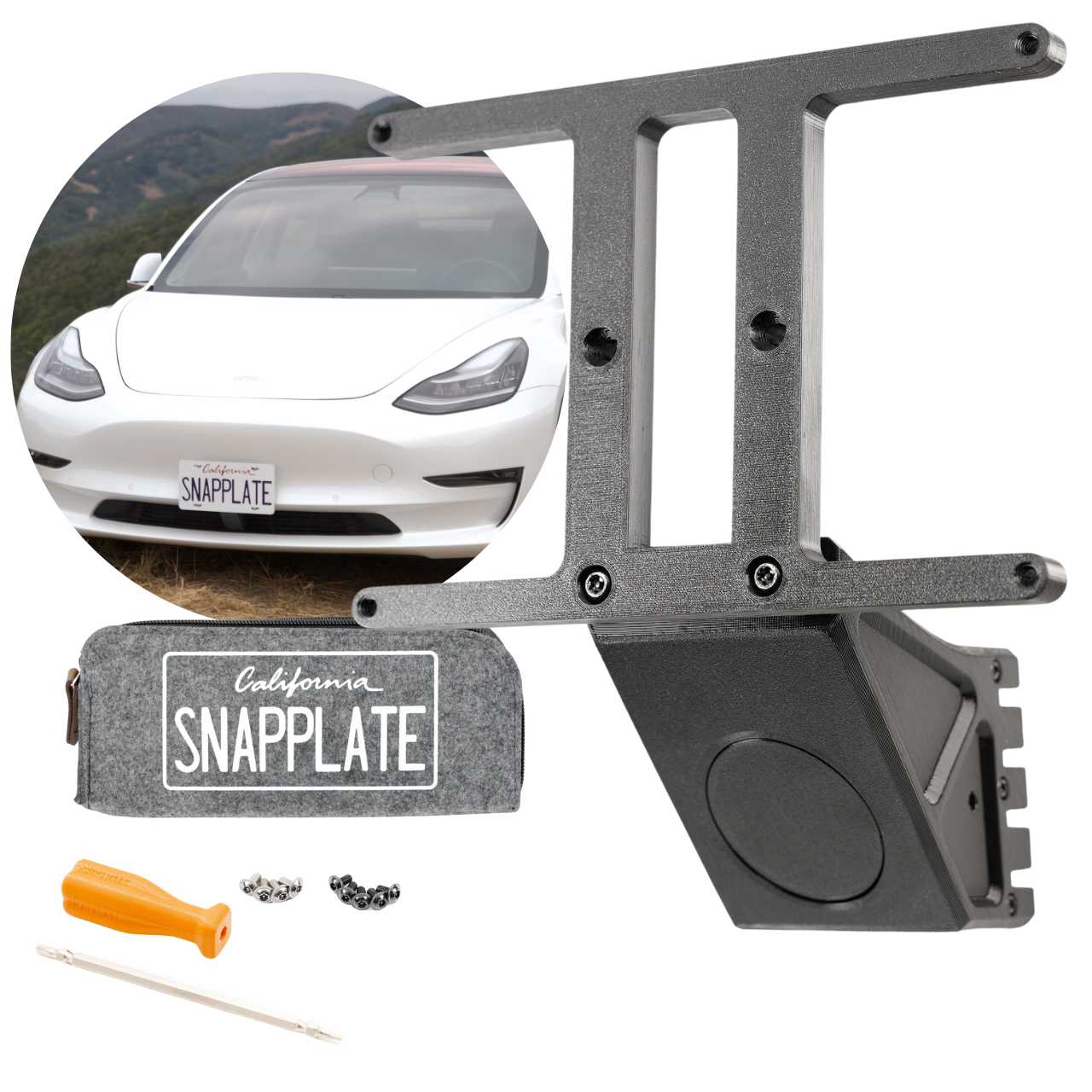 SnapPlate plus front license plate mount kits for the 2017 to 2023 Tesla Model 3 include a hardware kit with four black and four silver T25 torx security screws and a combo T25 and T10 screwdriver