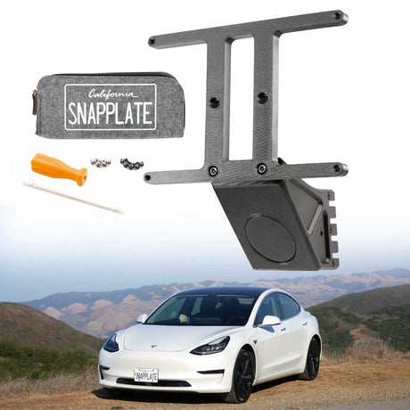 SnapPlate plus front license plate mount kits for the 2017 to 2023 Tesla Model 3 include a hardware kit with four black and four silver T25 torx security screws and a combo T25 and T10 screwdriver