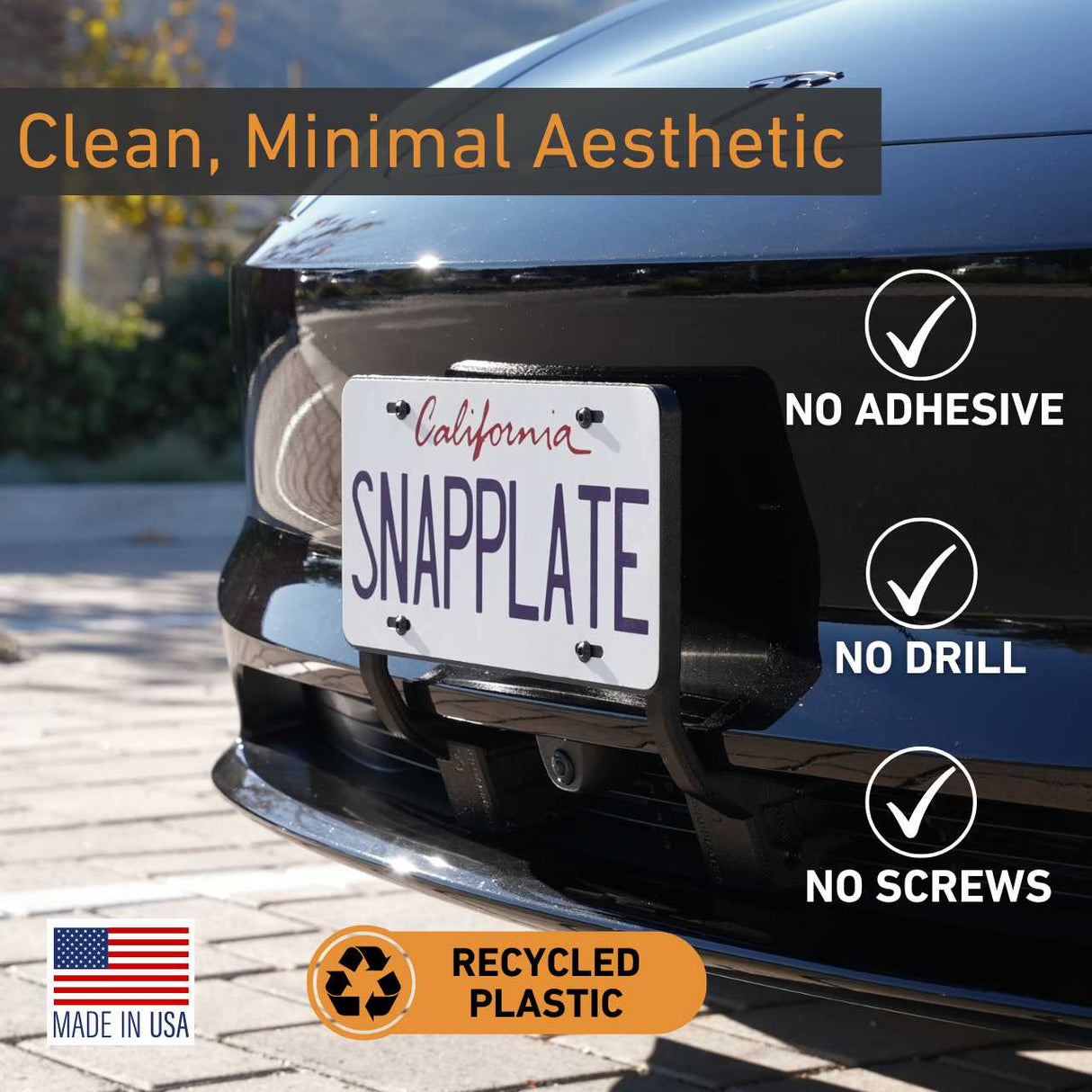 Front view of a Tesla Model 3 with EveryAmp’s SnapPlate Front License Plate Holder—no adhesive, no drilling, no screws; made in the USA from recycled, 3D-printed PETG.