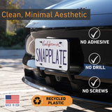 Front view of a Tesla Model 3 with EveryAmp’s SnapPlate Front License Plate Holder—no adhesive, no drilling, no screws; made in the USA from recycled, 3D-printed PETG.