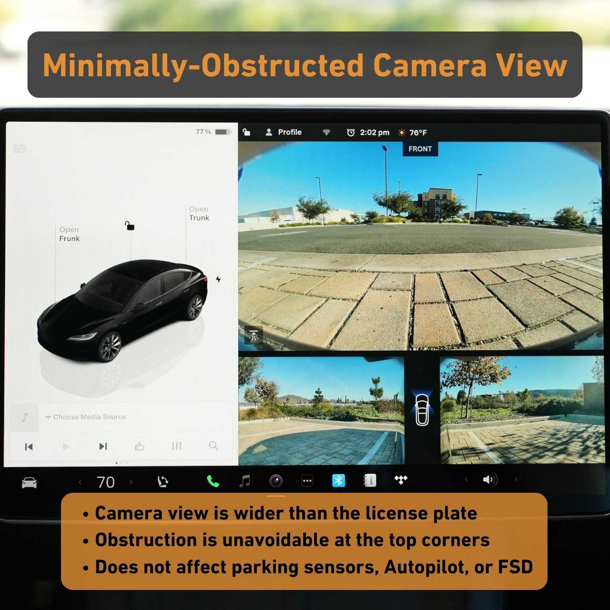 A car’s dashboard shows split-view camera feeds, confirming that the EveryAmp Tesla Model 3 SnapPlate Front License Plate Holder creates minimal obstruction and does not affect sensors or Autopilot features.