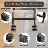 EveryAmp Tesla Model 3 SnapPlate Front License Plate Holder features security screws, an adjustable-height mount, push-to-open/close mechanism, and grille-depth adjustment—engineered for bumper camera compatibility.