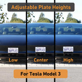 The EveryAmp Tesla Model 3 SnapPlate Front License Plate Holder displays the front plate in low, center, or high positions and is made from recycled PETG plastic with "Adjustable Plate Heights" and "For Tesla Model 3 SnapPlate" text.