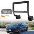 An EveryAmp Tesla Model 3 SnapPlate Front License Plate Holder with tools and case is shown above a black Model Y parked outdoors, featuring the installed 3D-printed PETG SnapPlate on the front.