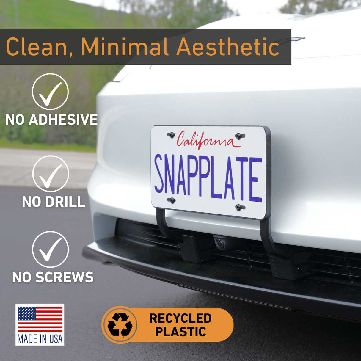 The EveryAmp Tesla Model 3 SnapPlate Front License Plate Holder attaches to a white car with no adhesive, drilling, or screws. Made in the USA from recycled plastic, it's the ideal accessory for your Tesla Model 3.