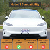 Front view of a white Tesla Model 3 with an EveryAmp Tesla Model 3 SnapPlate Front License Plate Holder; below is a compatibility chart for various Model 3 years and versions regarding bumper camera support.