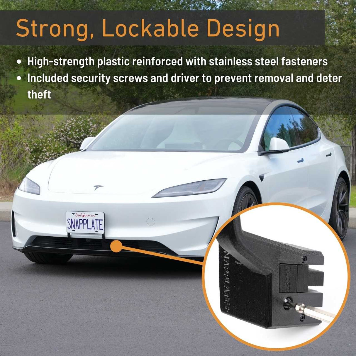 A white car with an EveryAmp Tesla Model 3 SnapPlate Front License Plate Holder; inset shows the lock mechanism and security screw. Text highlights its strong, lockable design—ideal for securing your license plate.