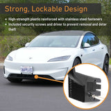 A white car with an EveryAmp Tesla Model 3 SnapPlate Front License Plate Holder; inset shows the lock mechanism and security screw. Text highlights its strong, lockable design—ideal for securing your license plate.
