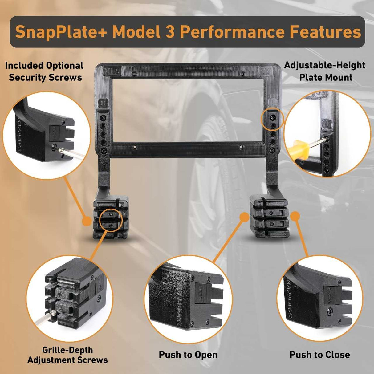 The EveryAmp Tesla Model 3 SnapPlate Front License Plate Holder features adjustable height, optional security screws, grille-depth adjustment, and a push-to-open/close design—making it a must-have accessory for your Model 3.