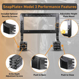 The EveryAmp Tesla Model 3 SnapPlate Front License Plate Holder features adjustable height, optional security screws, grille-depth adjustment, and a push-to-open/close design—making it a must-have accessory for your Model 3.