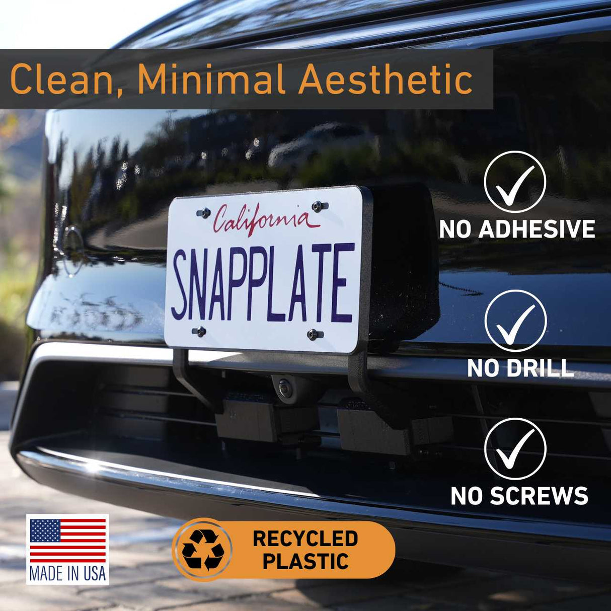 EveryAmp’s Tesla Model Y SnapPlate Front License Plate Holder installs without drilling or adhesive, features anti-theft security screws, and is made in the USA from recycled plastic.