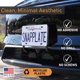 EveryAmp’s Tesla Model Y SnapPlate Front License Plate Holder installs without drilling or adhesive, features anti-theft security screws, and is made in the USA from recycled plastic.