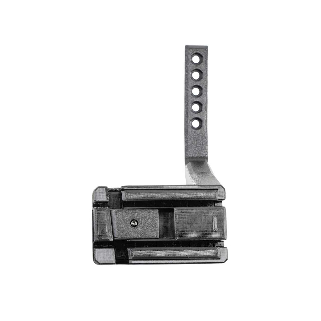 The EveryAmp SnapPlate+ Base for Tesla Model Y Performance (2026+) is a metal bracket with multiple holes and an adjustable clamp, designed to mount on the bumper camera.