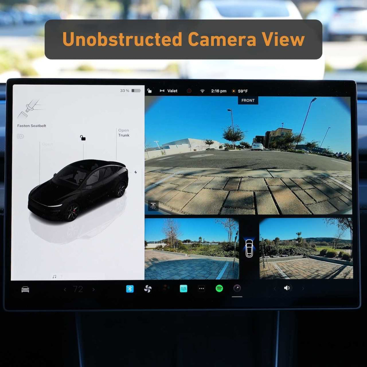 EveryAmp Tesla Model Y SnapPlate Front License Plate Holder pairs perfectly with your car’s dashboard display—see a 3D vehicle model and four clear camera views to monitor surroundings, especially when secured with anti-theft screws.