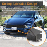 Black Tesla Model Y with EveryAmp SnapPlate Front License Plate Holder, described as strong and lockable with anti-theft security screws to prevent removal; inset shows fastener close-up.