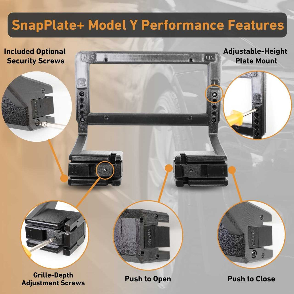 Diagram of the EveryAmp Tesla Model Y SnapPlate Front License Plate Holder, showcasing anti-theft security screws, grille-depth and height adjustments, plus easy push-to-open/close functionality.
