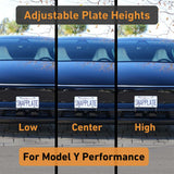 Three images of the EveryAmp Tesla Model Y SnapPlate Front License Plate Holder display adjustable mount heights—low, center, and high—with text: Adjustable Plate Heights and For Model Y Performance. Anti-theft screws add extra security.