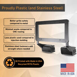 The EveryAmp Tesla Model Y SnapPlate Front License Plate Holder is a black 3D-printed frame with grille safety, anti-theft screws, stainless steel parts, minimal waste and plastic use. Made in the USA with recycling symbols displayed.