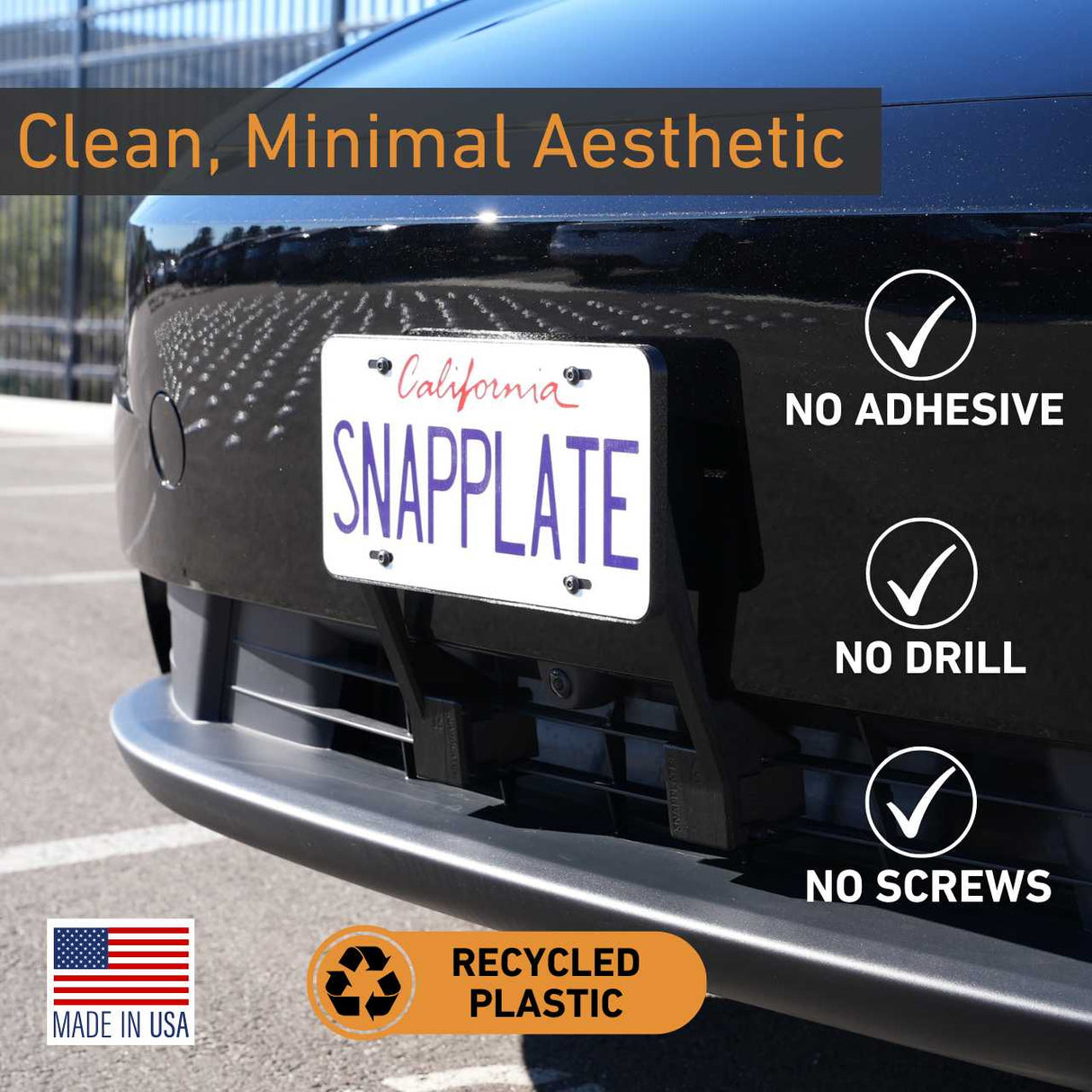The EveryAmp Tesla Model Y SnapPlate Front License Plate Holder is shown mounted on a car—no adhesive, no drill, no screws needed. Made in the USA from recycled 3D-printed PETG, it’s an easy and eco-friendly solution.