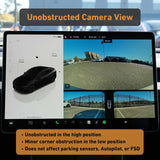 The car’s dashboard shows multiple camera views, noting an unobstructed view with only a slight corner obstruction from the EveryAmp Tesla Model Y SnapPlate Front License Plate Holder, which does not affect vehicle features.