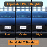 The EveryAmp Tesla Model Y SnapPlate Front License Plate Holder displays adjustable mounting at low, center, and high positions for flexible front plate placement.