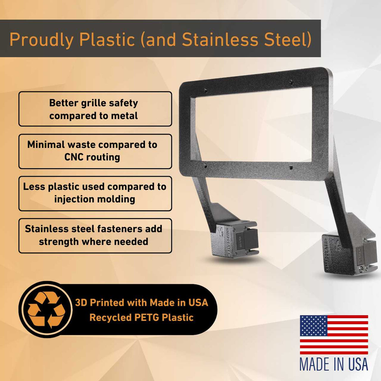 The EveryAmp Tesla Model Y SnapPlate Front License Plate Holder is 3D-printed in the USA from recycled PETG and stainless steel, featuring light weight, strong fasteners, improved safety, and reduced plastic use.