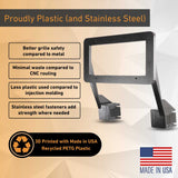 The EveryAmp Tesla Model Y SnapPlate Front License Plate Holder is 3D-printed in the USA from recycled PETG and stainless steel, featuring light weight, strong fasteners, improved safety, and reduced plastic use.