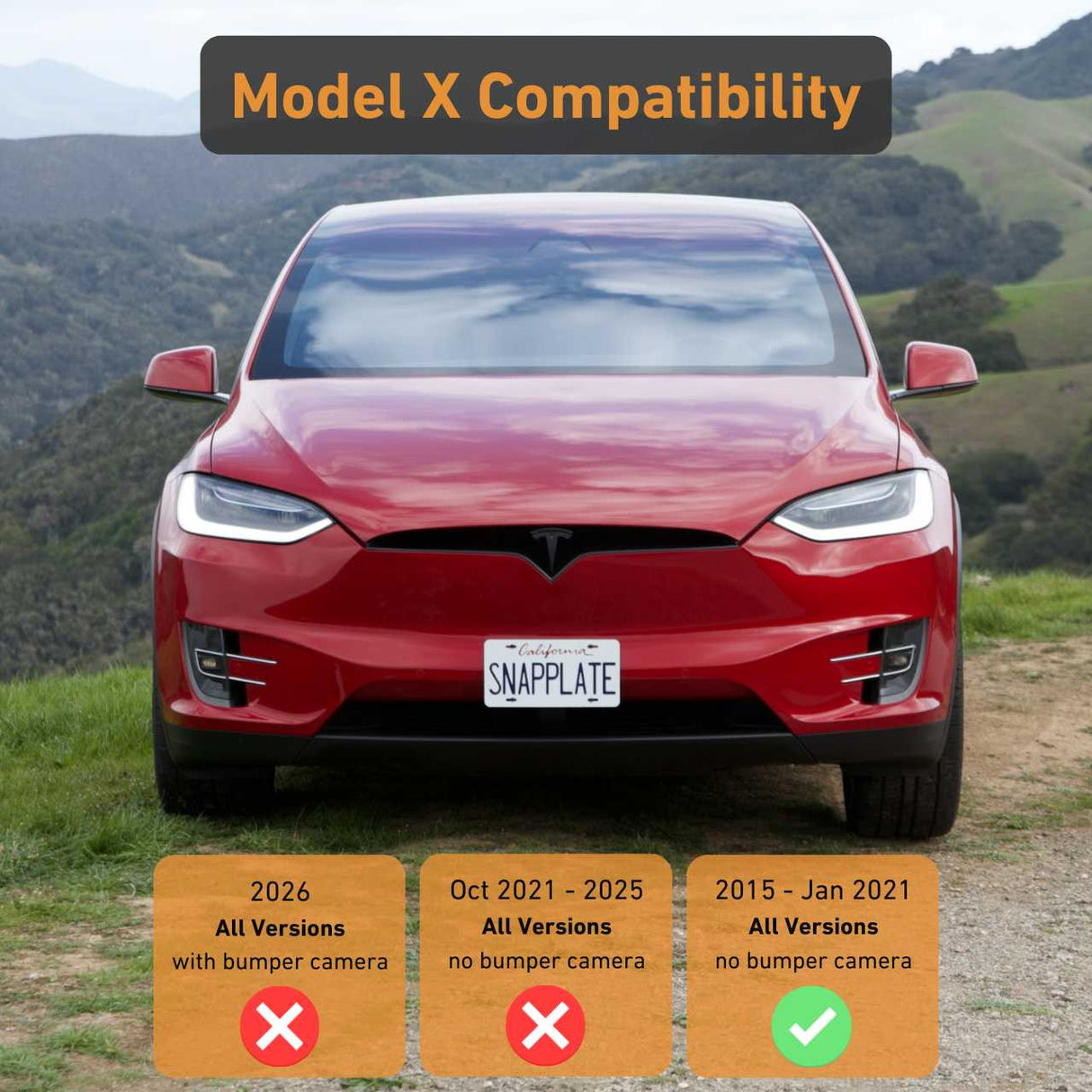 A red Tesla Model X is shown with the EveryAmp SnapPlate Front License Plate Holder, compatible only with 2015–Jan 2021 Model X without a bumper camera; does not fit 2021–2026 models with bumper camera.