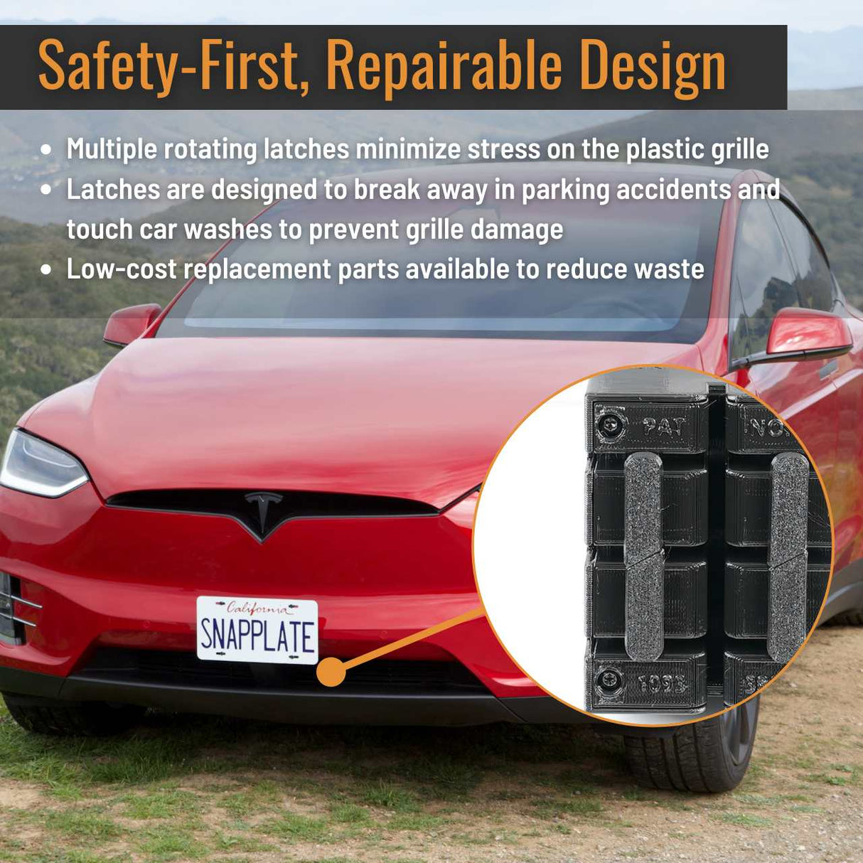 SnapPlate front license plate holders for the 2015 to 2021 Tesla Model X have a safety optimized, repairable design