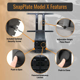 SnapPlate front license plate mounts for the 2015 to 2021 Tesla Model X feature a simple pushbutton design with adjustable plate height, breakaway features, and an optional security screw