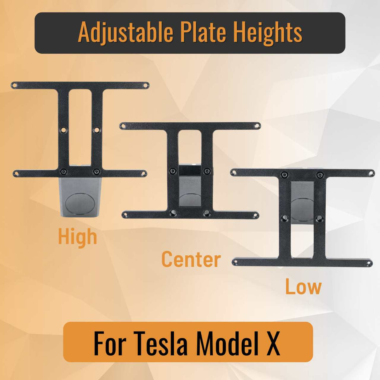 SnapPlate front license plate holders for the 2015 to 2021 Tesla Model X features adjustable plate height with high, center, and low positions