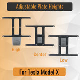 SnapPlate front license plate holders for the 2015 to 2021 Tesla Model X features adjustable plate height with high, center, and low positions