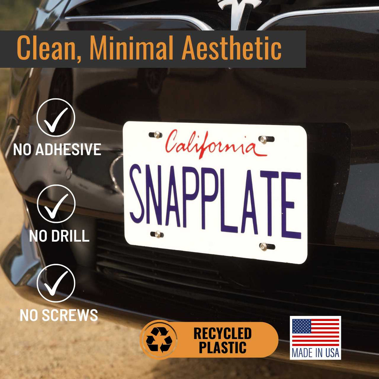 SnapPlate front license plate holders for the 2016 to 2020 Tesla Model S have a clean, minimal aesthetic