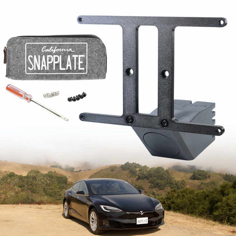 SnapPlate front license plate mount kits for the 2016 to 2020 Tesla Model S include a hardware kit with four black and four silver T25 torx security screws and a combo T25 screwdriver