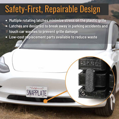 SnapPlate front license plate holders for the 2017 to 2023 Tesla Model 3 have a safety optimized, repairable design