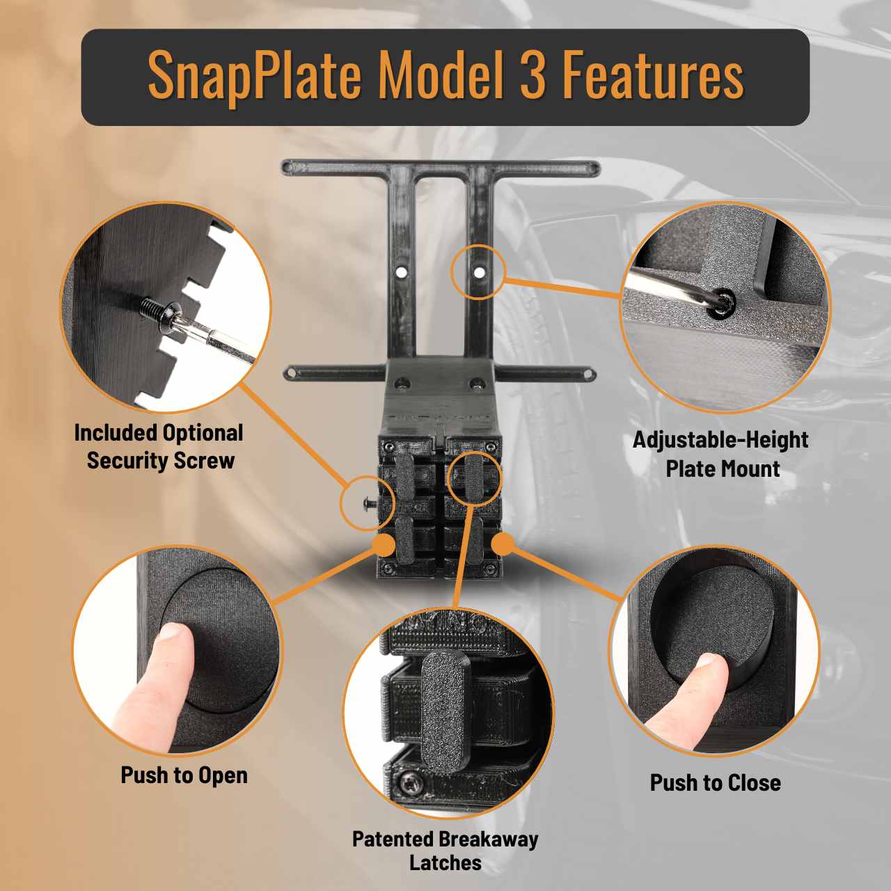 SnapPlate front license plate mounts for the 2017 to 2023 Tesla Model 3 feature a simple pushbutton design with adjustable plate height, breakaway features, and an optional security screw