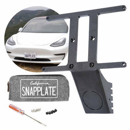 SnapPlate front license plate mount kits for the 2017 to 2023 Tesla Model 3 include a hardware kit with four black and four silver T25 torx security screws and a T25 screwdriver